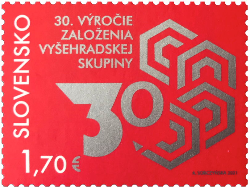 Poštová známka „Spoločné vydanie s Poľskom, Maďarskom a Českou republikou: 30. výročie založenia Vyšehradskej skupiny“