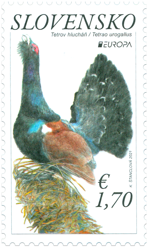 Poštová známka „EUROPA 2021: Tetrov hlucháň“